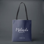 Modern Script Navy Blue Personalised Bridesmaids Tote Bag<br><div class="desc">Modern Script Navy Blue Personalised Bridesmaids Tote Bag
featuring personalised bridesmaid's name in modern calligraphy font style with title and wedding date in modern sans serif font style on navy blue background.

Also perfect for Maid of Honour,  Flower Girl,  Mother of the Bride and more.</div>