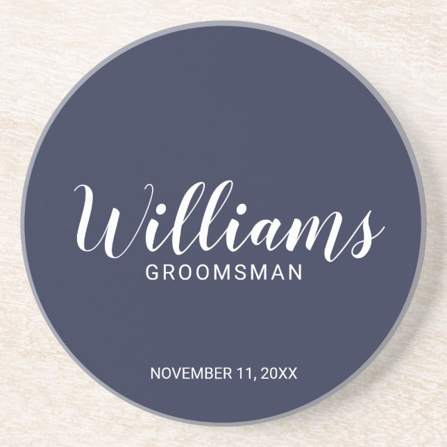 Modern Script Navy Blue Personalised Groomsman Coaster (Front)