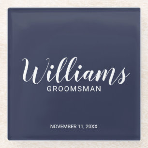 Modern Script Navy Blue Personalised Groomsman Glass Coaster