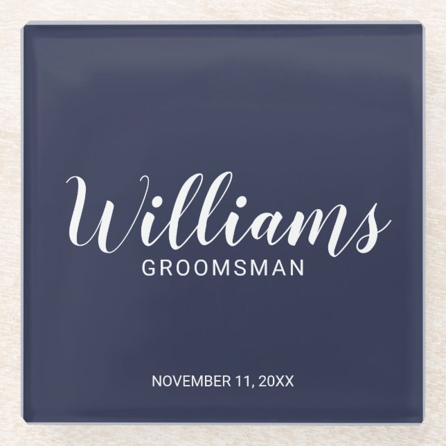 Modern Script Navy Blue Personalised Groomsman Glass Coaster (Front)