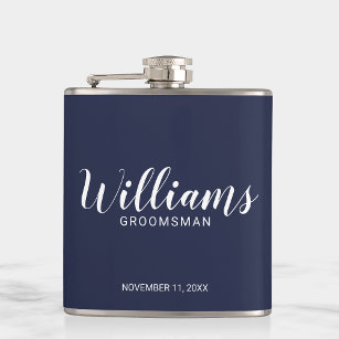 Modern Script Navy Blue Personalised Groomsmen Hip Flask