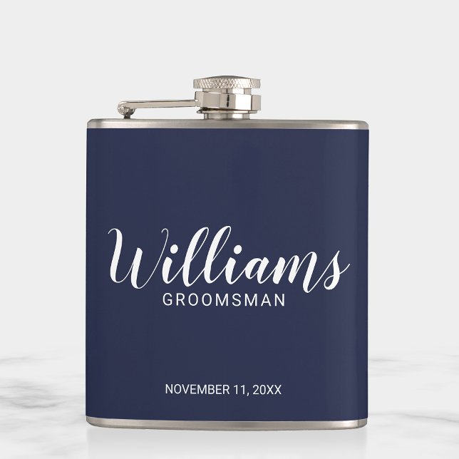 Modern Script Navy Blue Personalised Groomsmen Hip Flask (Creator Uploaded)