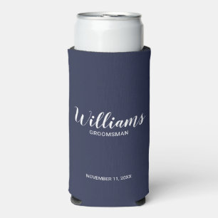 Modern Script Navy Blue Personalised Groomsmen Seltzer Can Cooler