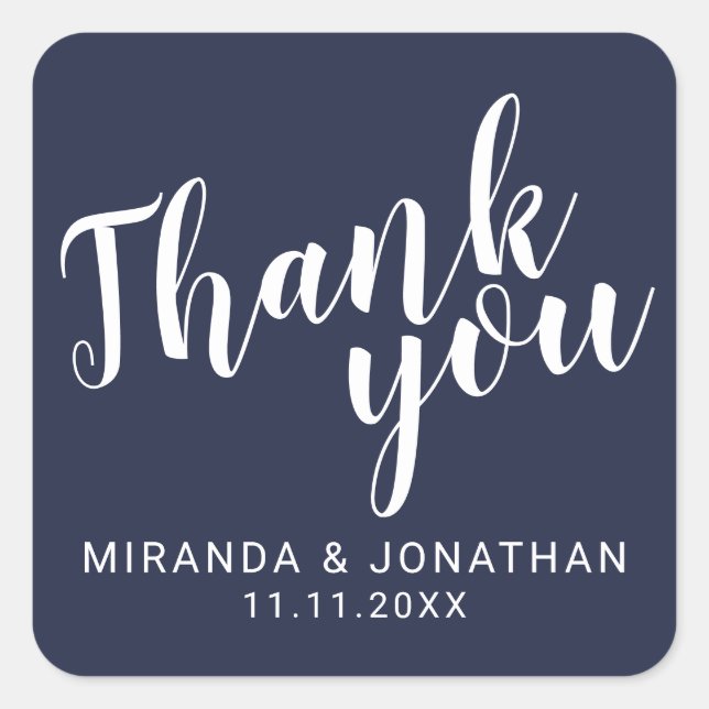 Modern Script Navy Blue Wedding Favour Thank You Square Sticker (Front)