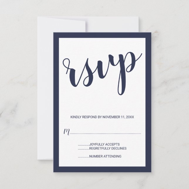 Modern Script Navy Blue Wedding RSVP Card (Front)