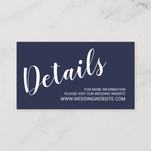 Modern Script Navy Blue Wedding Website Card (Front)