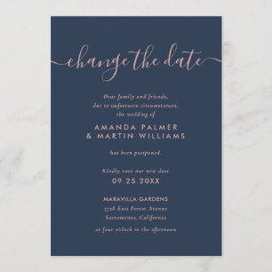 Modern Script Navy Blush Change The Date Wedding Invitation