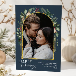 Modern Script Navy Greenery Gold Arch Photo Holiday Card