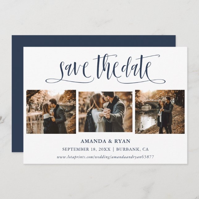 Modern Script Navy Wedding Photo Save The Date (Front/Back)