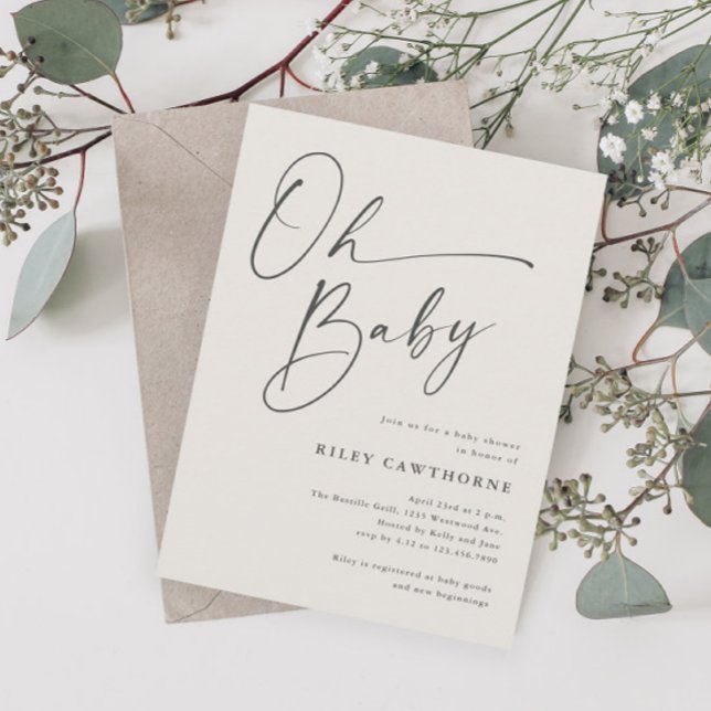 Modern Script Neutral Oh Baby Shower Invitation (Creator Uploaded)