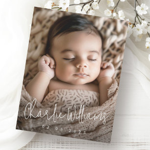 Modern script new baby thank you photo announcement