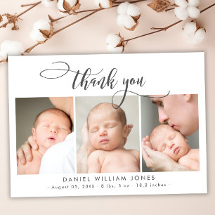 Modern Script Newborn Baby 3 Photo Thank You Card