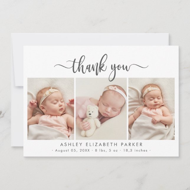 Modern Script Newborn Baby 3 Photo Thank You Card (Front)