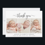 Modern Script Newborn Baby 3 Photo Thank You Card<br><div class="desc">Elegant Modern Calligraphy Script 3 Photo Collage Newborn Baby Thank You Birth Announcement Card. Features a beautiful "thank you" text in a handwritten calligraphy swash tail font script. Pre-made personal message and birth statistics with baby's name are included in black and white. Great for baby boy or baby girl. Easy...</div>