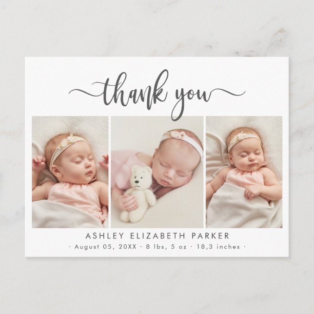 Modern Script Newborn Baby Photo Collage Thank You Postcard (Front)