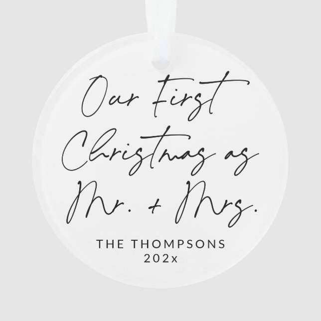 Modern Script Newlywed First Christmas Ornament (Back)