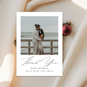 Modern Script Newlywed Holidays Beach Photo Thank You Card