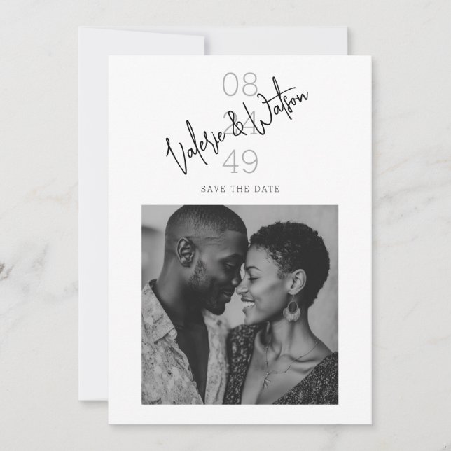 Modern Script Numeric Date Black and White Photo Save The Date (Front)