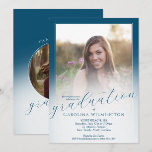 Modern Script Ocean Blue Ombre Photo Graduation Invitation