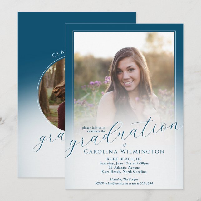 Modern Script Ocean Blue Ombre Photo Graduation Invitation (Front/Back)