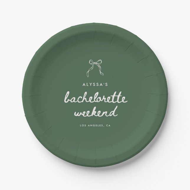 Modern Script Olive Green Coquette Bachelorette Paper Plate (Front)