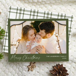 Modern Script Olive Green Merry Christmas Photo Holiday Card