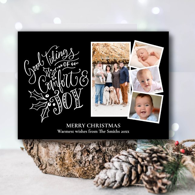 Modern Script on Black Good Tidings of Comfort Joy Holiday Card (Creator Uploaded)