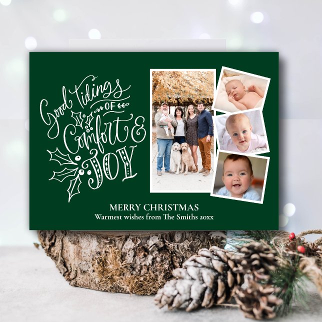 Modern Script on Green Good Tidings of Comfort Joy Holiday Card (Creator Uploaded)