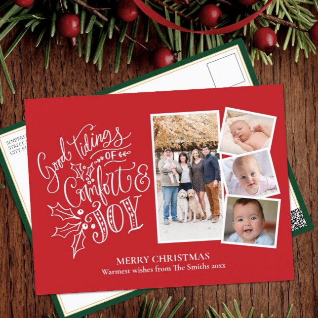 Modern Script on Red Good Tidings of Comfort & Joy Postcard (Creator Uploaded)