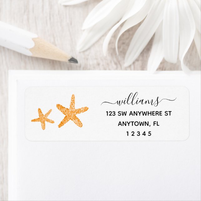 Modern Script Orange Starfish Return Address Label (Insitu)