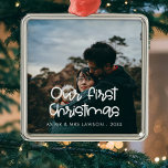Modern script Our First Christmas wedding photo Metal Ornament<br><div class="desc">A modern typography for this photo ornaments collection. To customise with your favourite picture. You can also easily change the colour of the font to your liking.</div>