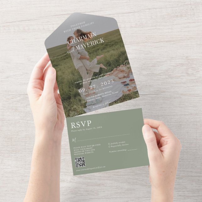 Modern Script Overlay Photo QR Code Wedding All In One Invitation (Tearaway)