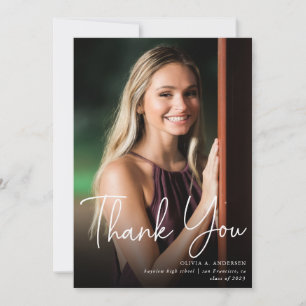 Modern Script Overlay Two Photo Graduation Thank You Card