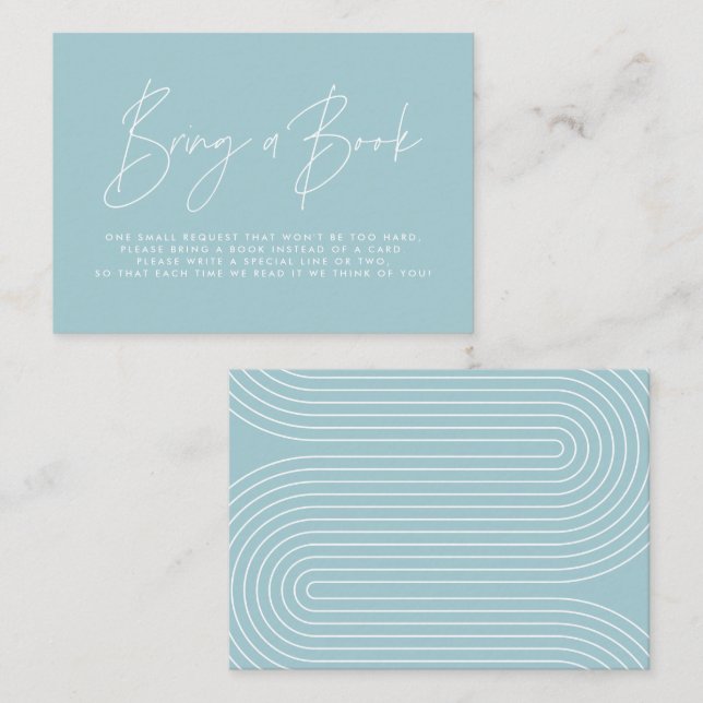 Modern script pale blue baby shower bring a book  card (Front/Back)