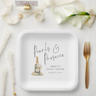 Modern Script Pearls and Prosecco Bridal Shower Paper Plate