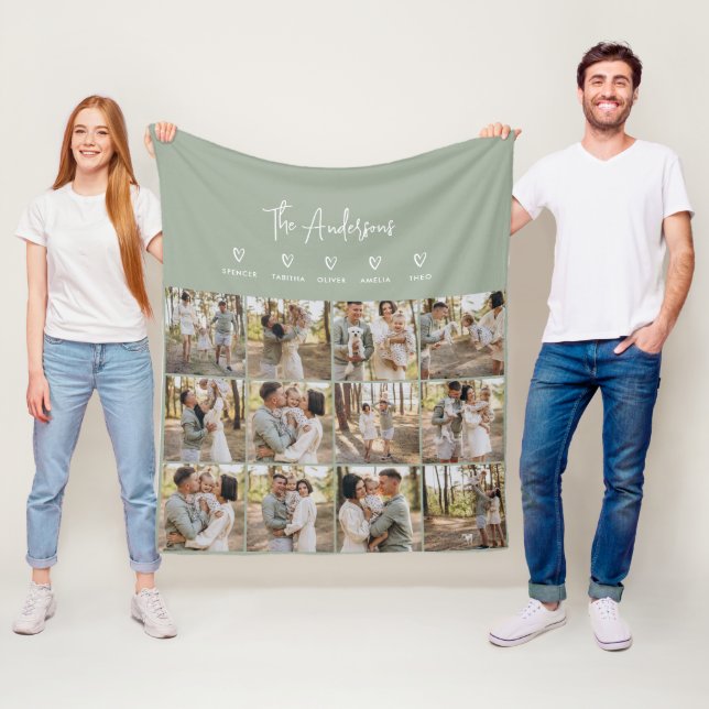 Modern script personal 5 family gift sage green fleece blanket (In Situ)