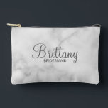 Modern Script Personalised Bridesmaid Accessory Pouch<br><div class="desc">Personalised Bridesmaid Gifts
featuring personalised bridesmaid's name in grey modern script font style with title and wedding date in modern sans serif font style on white marble background.

Also perfect for maid of honour,  mother of the bride,  flower girl and more.</div>