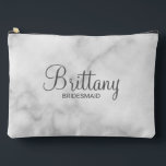 Modern Script Personalised Bridesmaid Accessory Pouch<br><div class="desc">Personalised Bridesmaid Gifts
featuring personalised bridesmaid's name in grey modern script font style with title and wedding date in modern sans serif font style on white marble background.

Also perfect for maid of honour,  mother of the bride,  flower girl and more.</div>