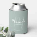 Modern Script Personalised Bridesmaid Can Cooler<br><div class="desc">Add a personal touch to your wedding with personalised bridesmaid gift. This design features personalised bridesmaid's name in white modern script font style and monogram in sage green modern script font style as background with title and wedding date in white modern sans serif font style on sage green background. Also...</div>