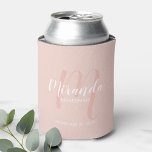 Modern Script Personalised Bridesmaid Can Cooler<br><div class="desc">Add a personal touch to your wedding with personalised bridesmaid gift. This design features personalised bridesmaid's name in white modern script font style and monogram in blush pink modern script font style as background with title and wedding date in white modern sans serif font style on blush pink background. Also...</div>