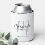 Modern Script Personalised Bridesmaid Can Cooler<br><div class="desc">Add a personal touch to your wedding with personalised bridesmaid gift. This design features personalised bridesmaid's name in grey modern script font style and monogram in light grey modern script font style as background with title and wedding date in grey modern sans serif font style on white background. Also perfect...</div>
