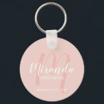 Modern Script Personalised Bridesmaid Key Ring<br><div class="desc">Add a personal touch to your wedding with personalised bridesmaid keychain. This keychain features personalised bridesmaid's name in white modern script font style and monogram in blush pink modern script font style as background with title and wedding date in white modern sans serif font style on blush pink background. Also...</div>