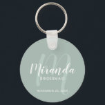 Modern Script Personalised Bridesmaid Key Ring<br><div class="desc">Add a personal touch to your wedding with personalised bridesmaid keychain. This keychain features personalised bridesmaid's name in white modern script font style and monogram in sage green modern script font style as background with title and wedding date in white modern sans serif font style on sage green background. Also...</div>