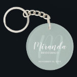Modern Script Personalised Bridesmaid Keychain<br><div class="desc">Add a personal touch to your wedding with personalised bridesmaid keychain. This keychain features personalised bridesmaid's name in white modern script font style and monogram in sage green modern script font style as background with title and wedding date in white modern sans serif font style on sage green background. Also...</div>