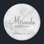 Modern Script Personalised Bridesmaid Magnet<br><div class="desc">Add a personal touch to your wedding with personalised bridesmaid magnet. This magnet features personalised bridesmaid's name in grey modern script font style with title and wedding date in grey modern sans serif font style on white marble background. Also perfect for maid of honour, mother of the bride and more....</div>