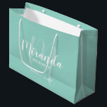 Modern Script Personalised Bridesmaid Mint Green Large Gift Bag<br><div class="desc">Personalised Bridesmaids Gift Bag featuring personalised bridesmaid's name in white modern script font style and monogram in light mint green modern script font style as background with title and wedding date in white modern sans serif font style on mint green background. Also perfect for maid of honour, flower girl, mother...</div>