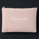 Modern Script Personalised Bridesmaid Name Accessory Pouch<br><div class="desc">Modern Script Personalised Bridesmaid Gift
featuring personalised bridesmaid's name in white modern script font style with title and wedding date in modern sans serif font style on blush pink background.

Also perfect for maid of honour,  flower girl,  mother of the bride and more.</div>