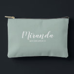 Modern Script Personalised Bridesmaid Name Accessory Pouch<br><div class="desc">Modern Script Personalised Bridesmaid Gift
featuring personalised bridesmaid's name in white modern script font style with title and wedding date in modern sans serif font style on sage green background.

Also perfect for maid of honour,  flower girl,  mother of the bride and more.</div>