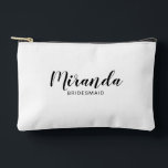 Modern Script Personalised Bridesmaid Name Accessory Pouch<br><div class="desc">Modern Script Personalised Bridesmaid Gift
featuring personalised bridesmaid's name in black modern script font style with title and wedding date in modern sans serif font style on white background.

Also perfect for maid of honour,  flower girl,  mother of the bride,  groomsman,  best man and more.</div>