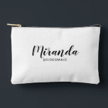 Modern Script Personalised Bridesmaid Name Accessory Pouch<br><div class="desc">Modern Script Personalised Bridesmaid Gift
featuring personalised bridesmaid's name in black modern script font style with title and wedding date in modern sans serif font style on white background.

Also perfect for maid of honour,  flower girl,  mother of the bride,  groomsman,  best man and more.</div>